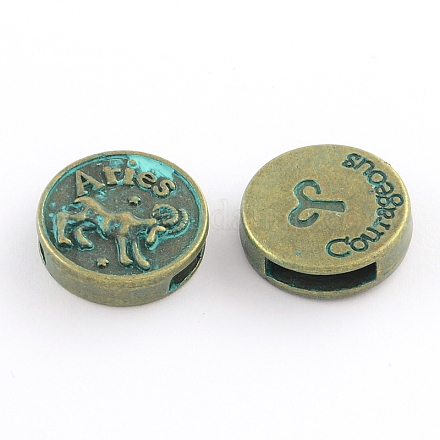 Antique Bronze & Green Patina Plated Flat Round Zinc Alloy Slide Charms X-PALLOY-Q307-12-NR-1