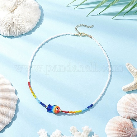 Ожерелья ручной работы в стиле бохо с рыбками и разноцветными стеклянными бусинами для женщин NJEW-TA00199-1