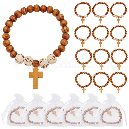 Arricraft 30 шт. 2 стильные круглые эластичные браслеты из бисера из натурального дерева с подвесками в виде креста для мужчин и женщин BJEW-AR0001-08-1