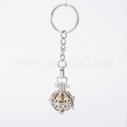 Platinum Plated Brass Hollow Round Cage Chime Ball Keychain KEYC-J073-D07-1