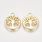 Brass Charms, Flat Round with Tree, Nickel Free, Real 18K Gold Plated, 14x12x1mm, Hole: 1.2mm