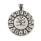 Viking 316 Surgical Stainless Steel Pendants, Flat Round with Rune & Tree Charm, Antique Silver, 45x35x6.5mm, Hole: 4.5x6.5mm