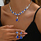 Teardrop & Rhombus Brass Rhinestone Pendant Necklaces & Stud Dangle Earrings Sets, Silver, Sapphire, 330mm