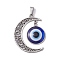 Blue Evil Eye Resin Pendants, Tibetan Style Alloy Hollow Moon Charms, Antique Silver & Platinum, 41x31x4mm, Hole: 7.5x3.5mm