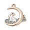 Alloy Enamel Pandants, Light Gold, Moon with Rabbit Charm, Cadet Blue, 17.5x16.5x1.8mm, Hole: 1.5mm