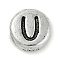 925 Sterling Silver Flat Round with Letter Beads, with 925 Stamp, Antique Silver, Letter U, 6.5x3mm, Hole: 1.2mm
