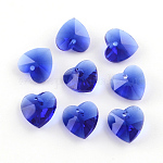 Pendentifs coeur en verre transparent, facette, bleu, 14x14x8mm, Trou: 1.5mm