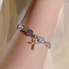 Pulseras de aleación de encanto, Pulseras elásticas con cuentas para mujeres y hombres, Plano redondo con San Benito y cruz, plata antigua, 7.09 pulgada (18 cm)