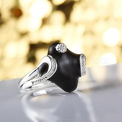 ファッショナブルな真鍮エナメル菱形の指輪  ブラック  銀  サイズ8  18.1mm&nbsp;RJEW-BB07415-8