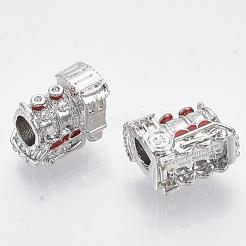 合金エナメルヨーロピアンビーズ  大穴ビーズ  列車  プラチナ  ファイヤーブリック  14x10x9mm  穴：5mm&nbsp;X-ENAM-N052-11
