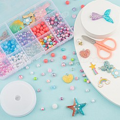 Diyの人魚のテーマジュエリー作成キット  ヒトデ＆ユニコーン＆レインボーレジン/アロイ/アクリルパーツ20個  380個のABSプラスチックとアクリルの丸いビーズ  弾性水晶の線とステンレス鋼のはさみ  ミックスカラー  ペンダント：20ピース/セット&nbsp;DIY-FS0001-57
