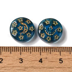 透明なランプワークビーズ  月と星が描かれたフラットラウンド  マリンブルー  13x5mm  穴：1mm  約70~82個/100g&nbsp;LAMP-P065-04A-06