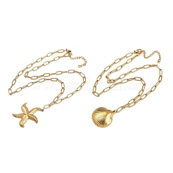 Двухслойные ожерелья в стиле бохо из нержавеющей стали 304 в форме морской звезды и ракушки для женщин NJEW-F343-01G