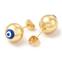 エナメル イービルアイ スタッドピアス  女性のための本物の 18 k ゴールド メッキ真鍮ボール ポスト イヤリング  ブルー  12mm  ピン：0.7mm&nbsp;EJEW-E274-01G-02
