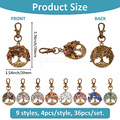 36 шт. 9 стиля плоские круглые с деревом жизни натуральные драгоценные камни подвесные украшения HJEW-FH00052