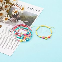調節可能なナイロン糸編組ビーズブレスレット  ポリマークレイ平石ビーズ  笑顔の花  ミックスカラー  2~2-7/8インチ（5~7.2cm）&nbsp;BJEW-JB06198
