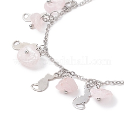 Tobillera con dijes de gato y chips de cuarzo rosa natural&nbsp;AJEW-AN00512-03