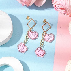 Boucles d'oreilles à tige en forme de cœur avec perles de verre faites à la main&nbsp;EJEW-MZ00279-03