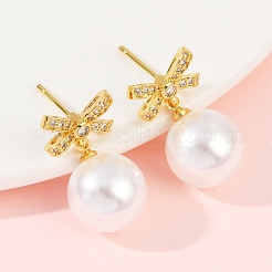 Серьги-гвоздики с бантом из латуни с микропаве из прозрачных кубических цирконий&nbsp;EJEW-F895-11G