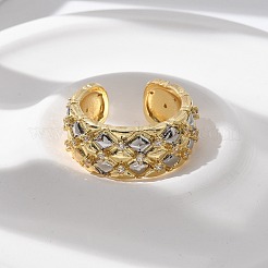 Кольца-манжеты с квадратным узором из латуни с микропаве из прозрачного кубического циркония для женщин&nbsp;RJEW-U041-14G