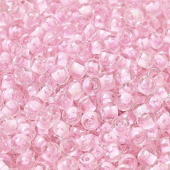透明なガラスの丸いシードビーズ  色の内側  ラウンド  パールピンク  6/0  4x3mm  穴：1.2mm  約161個/10g&nbsp;X1-SEED-B001-05A-30