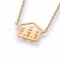 304ステンレススチールジュエリーセット  ペンダントネックレス＆スタッドピアス＆ブレスレット  女の子と家  ゴールドカラー  16.54インチ（42cm）  7-1/8インチ（18cm）  11x15x1mm  ピン：0.8mm&nbsp;SJEW-H138-06G
