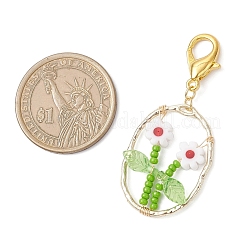 Colgante ovalado con cuentas de vidrio y lampwork de flores y adornos de aleación.&nbsp;HJEW-MZ00351-06