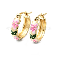 女性用真鍮エナメルフープピアス  花  ゴールドカラー  ピンク  20x18.5x5mm&nbsp;EJEW-K335-01G-02