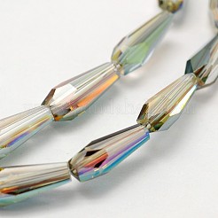 多面カットレインボーメッキティアドロップ電気メッキガラスビーズ連売り  ダークシーグリーン  10x4mm  穴：1mm  約60個/連  23.6インチ&nbsp;EGLA-F104-06A