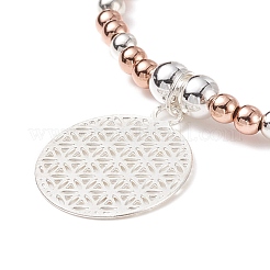 Bracciale elasticizzato in ottone bicolore con perline tonde e charm floreale da donna&nbsp;BJEW-JB08598