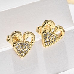 Серьги-гвоздики в форме сердца ко Дню святого Валентина из латуни с микропаве из прозрачных кубических цирконий EJEW-D305-22G-04