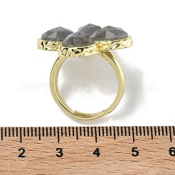 天然ラブラドライトのファセットカット調整可能な女性用指輪  クローバー  ラックメッキ真鍮リング  ゴールドカラー  17mm&nbsp;RJEW-A092-01G-12