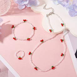 Halsketten & Armband & Fingerring-Sets aus Kirschglasperlen für Damen&nbsp;SJEW-TA0001-07
