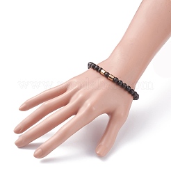 Bracciale elasticizzato in legno naturale con perline tonde con ematite sintetica per uomo donna&nbsp;BJEW-JB07549-01