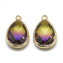 ガラスチャーム  ゴールデントーン真鍮パーツ  多面カット  ティアドロップ  インディゴ  23x15x7mm  穴：1.5~2mm&nbsp;GLAA-Q068-12A-13