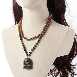 Colliers pendentifs tête de bouddha en cristal de glace naturel obsidienne&nbsp;NJEW-JN03644