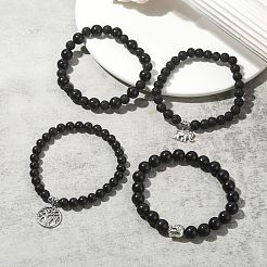 Наборы круглых браслетов из бисера из натурального шунгита и лавового камня&nbsp;BJEW-JB09542