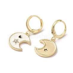 ムーン＆スター リアル 18K ゴールドメッキ 真鍮 ダングル レバーバック イヤリング  エナメル質とキュービックジルコニア付き  ホワイト  28x13mm&nbsp;EJEW-L268-029G-01