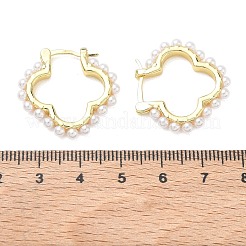 女性のための真鍮のフープピアス  クローバー  ABSの模造パールと  ラックめっき  長持ちメッキ  鉛フリー＆カドミウムフリー  18KGP本金メッキ  26x25x3mm&nbsp;EJEW-A168-15G