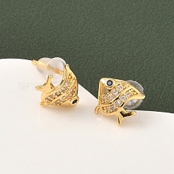 Серьги-гвоздики в форме рыбок с микропаве из кубических цирконий из латуни EJEW-D337-01G