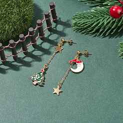 クリスマス ツリー & ムーン 合金 エナメル ダングル スタッド ピアス  304ステンレススチールロングタッセルアシンメトリーイヤリング（女性用）  カラフル  55~63mm  ピン：0.7mm&nbsp;EJEW-TA00096