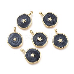 Ciondoli smaltato in ottone, piatta e rotonda con pattern di stelle, oro, nero, 18x14x2.5mm, Foro: 3.5x2 mm