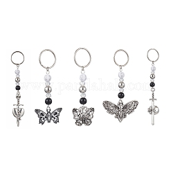 Porte-clés pendentif en alliage d'émail, avec porte-clés fendus en fer et perles acryliques, papillon/mite/épée/cœur avec crâne, formes mixtes, 7.8~11.4 cm