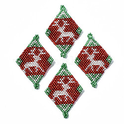 Miyuki & toho perles de rocaille japonaises, Liens faits à la main, losange avec motif de métier à tisser renne/cerf de Noël, rouge foncé, 40.5x26x2mm, Trou: 1.5mm