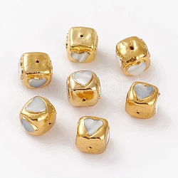 Perles de coquillages naturels d'eau douce, avec les accessoires en laiton dorés, teinte, cuboïde avec le coeur, 16~17.5x17~18x16.5~17.5mm, Trou: 1.2mm