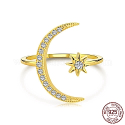 925 anelli da polso in argento sterling, con zirconi da donna, anello luna e stella, vero placcato oro 18k, 1mm, misura degli stati uniti 7 (17.3mm)