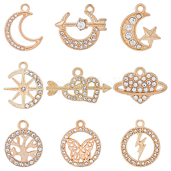 SUPERFINDINGS 54Pcs 9 Style Alloy Pendants, with Crystal Rhinestone, Cadmium Free & Lead Free, Tree & Butterfly & Moon & Heart & Lightning Bolt, Light Gold, 14~23x14~26x2~3.5mm, Hole: 1.8~2.2mm, 6Pcs/style