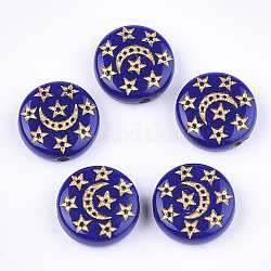 Plating Acrylic Beads, Metal Enlaced, Flat Round with Moon & Star, Dark Blue, 13x5mm, Hole: 1.5mm, about 895pcs/500g