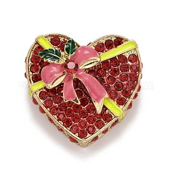 Spilla smaltata cuore rosso scatola regalo di natale con strass, distintivo in lega per vestiti zaino, oro, 33x34.5x16mm