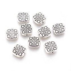 Tibetischer stil legierung perlen, Cadmiumfrei und Nickel frei und Bleifrei, Quadrat mit Blume, Antik Silber Farbe, 10.5x10.5x3.5 mm, Bohrung: 1.5 mm